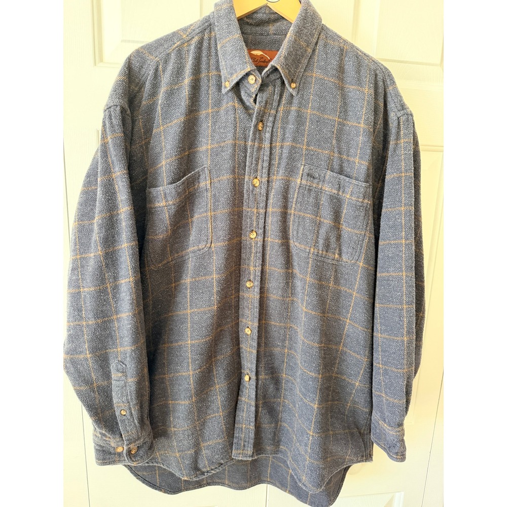 Bob Timberlake Mens Large Flannel Shirt Blue Tan Windowpane Check Button Sz L
